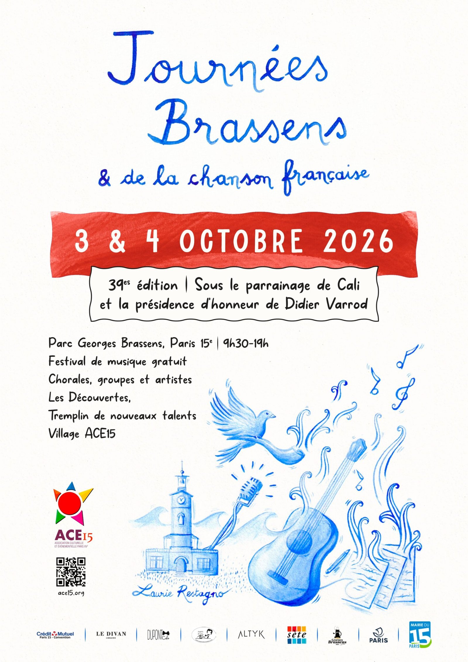 39es Journées Brassens - 2026 - Parrain : Cali - Président d'honneur : Didier Varrod - Illustration : Laurie Restagno - Organisation : Gaëlle Heudebran - Philippe Poustis - Paris 15e - Georges Brassens - Chanson française