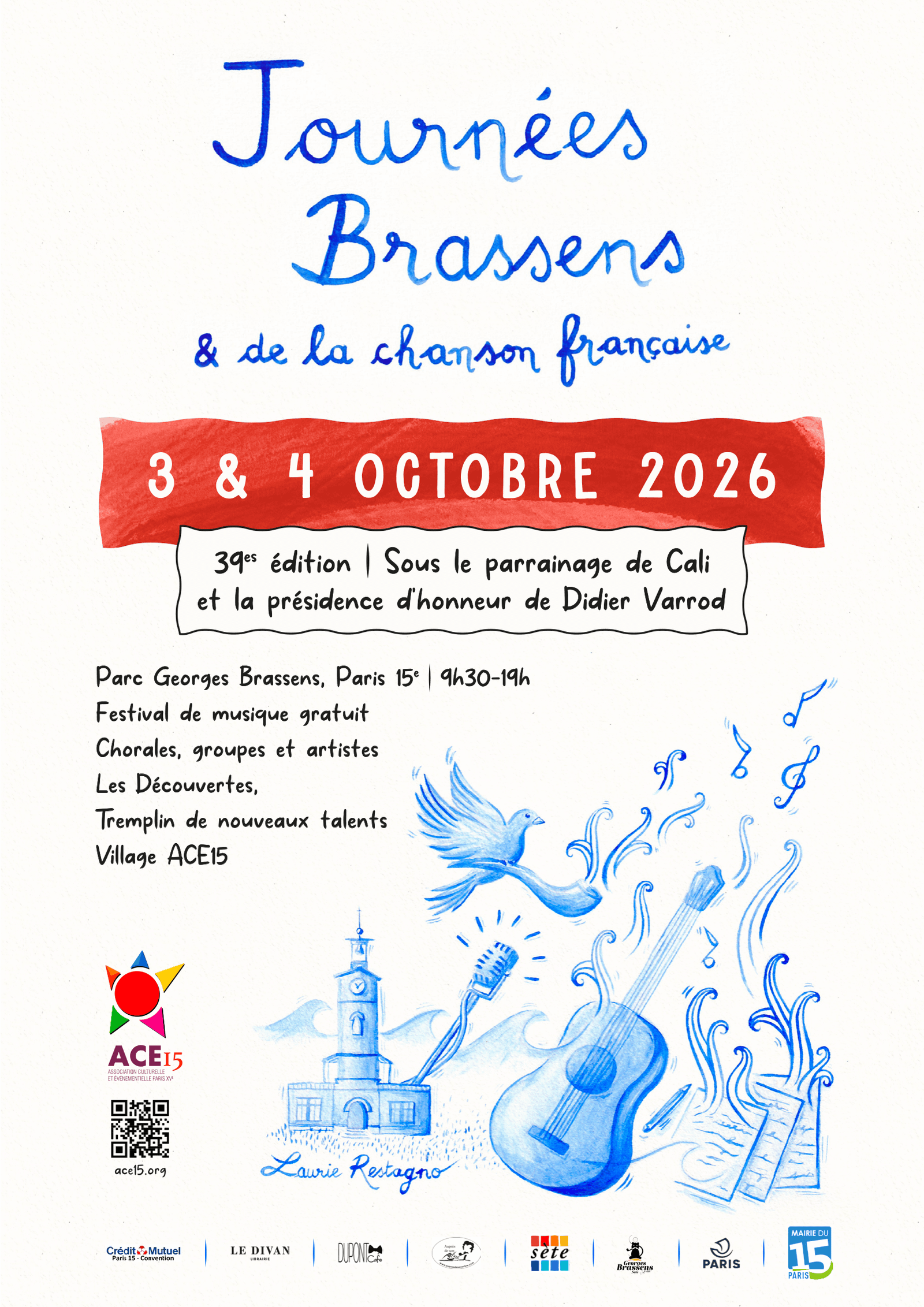 Affiche des 39es Journées Brassens - 2026 - Illustration : Laurie Restagno - Parrain : Cali - Président d'honneur : Didier Varrod